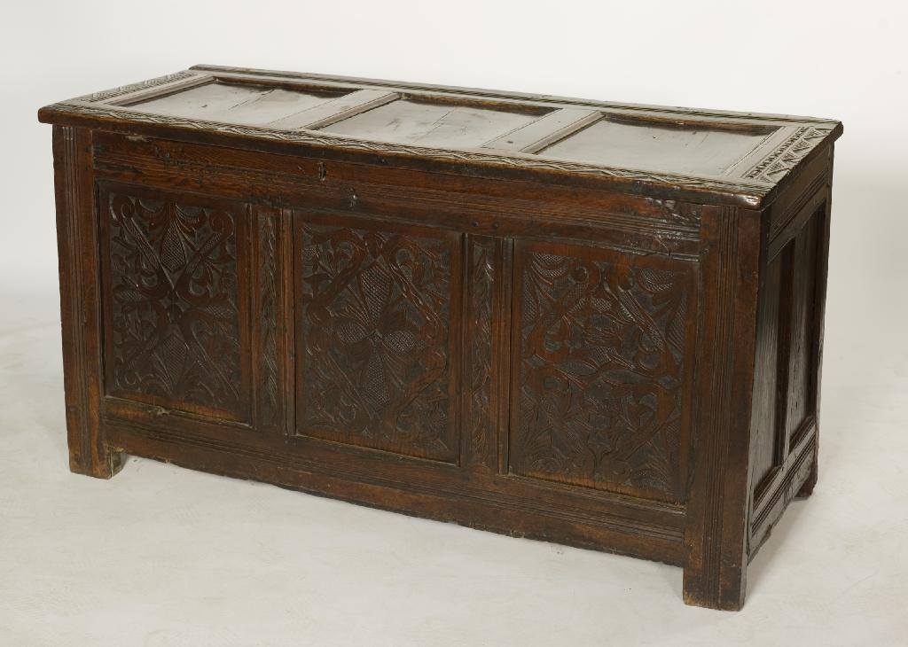 Appraisal: th CENTURY OAK THREE-PANEL COFFER with panelled top above a