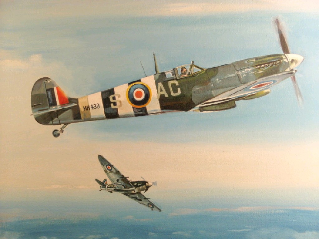 Appraisal: Terry Shelbourne Spitfires re-grouping oil on canvas signed and dated