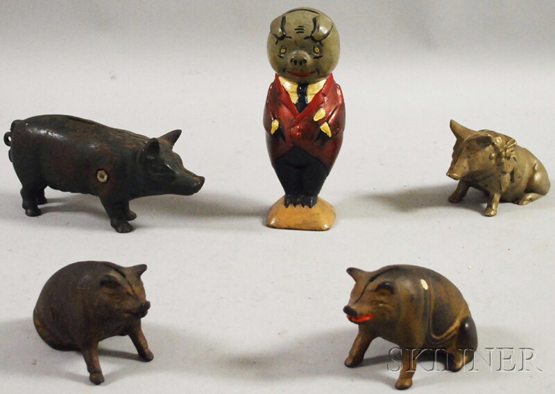 Appraisal: Five Cast Iron Pig Figural Still Banks ht to in