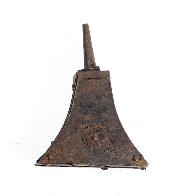 Appraisal: POWDER FLASK German th century Wood and corroded iron Nozzle