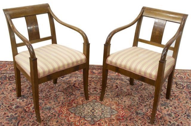 Appraisal: pair Empire style armchairs th c each having figural marquetry