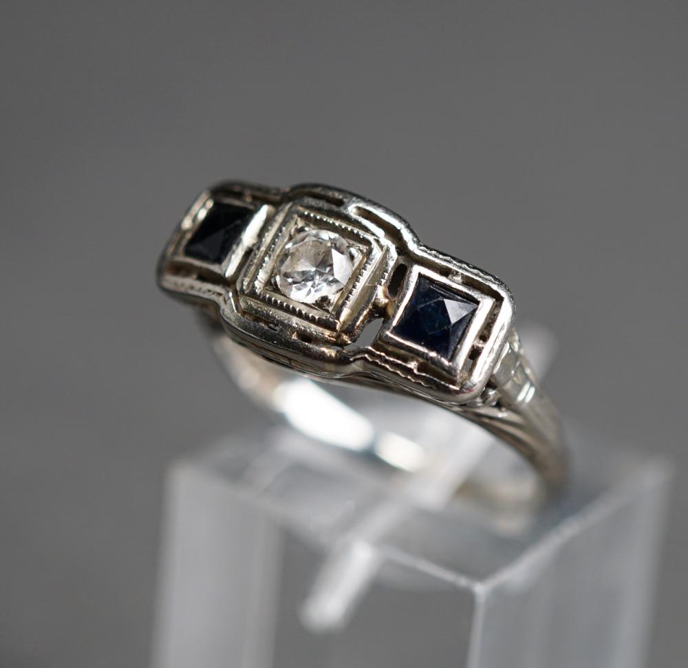 Appraisal: ART DECO -KARAT WHITE-GOLD DIAMOND AND SYNTHETIC BLUE SAPPHIRE RING