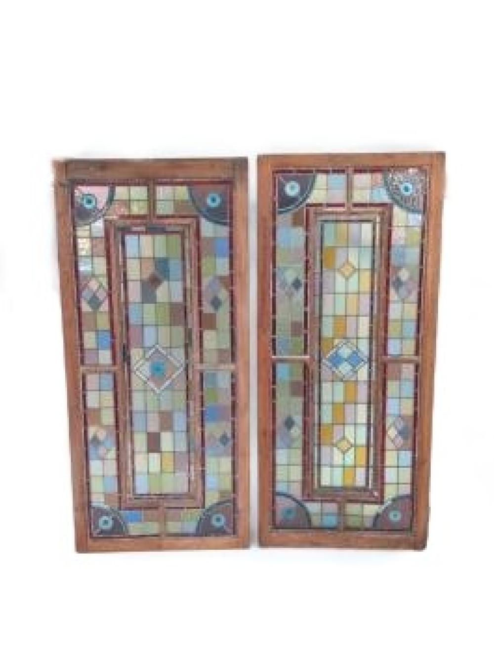 Appraisal: PAIR LARGE FIVE PANEL JEWELED STAINED GLASS WINDOWS GEOMETRIC DESIGN