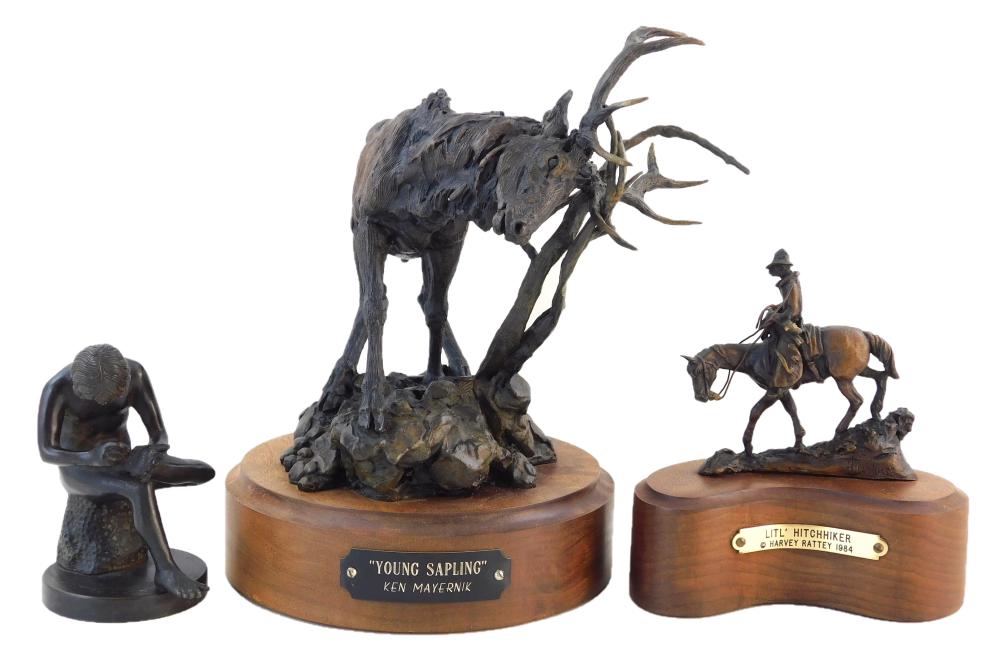 Appraisal: Three bronzes by Ken Mayernick Harvey Rattey etc including Ken