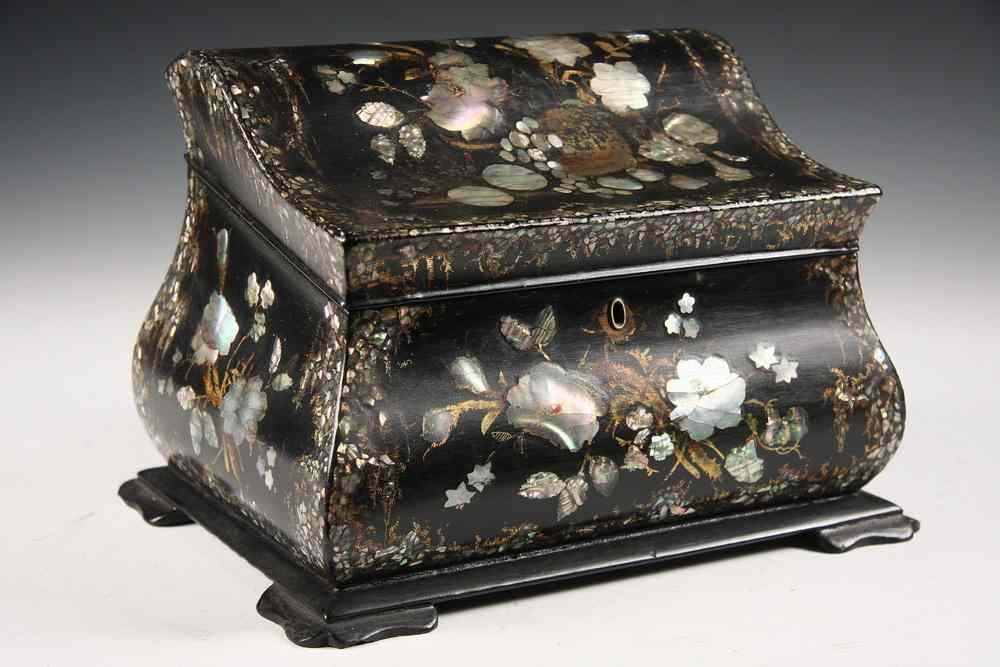 Appraisal: PAPIER MACHE TEA CADDY - Circa Black Lacquer and Mother