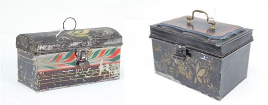 Appraisal: TWO TOLE BOXES Includes a diminutive dometop box with original