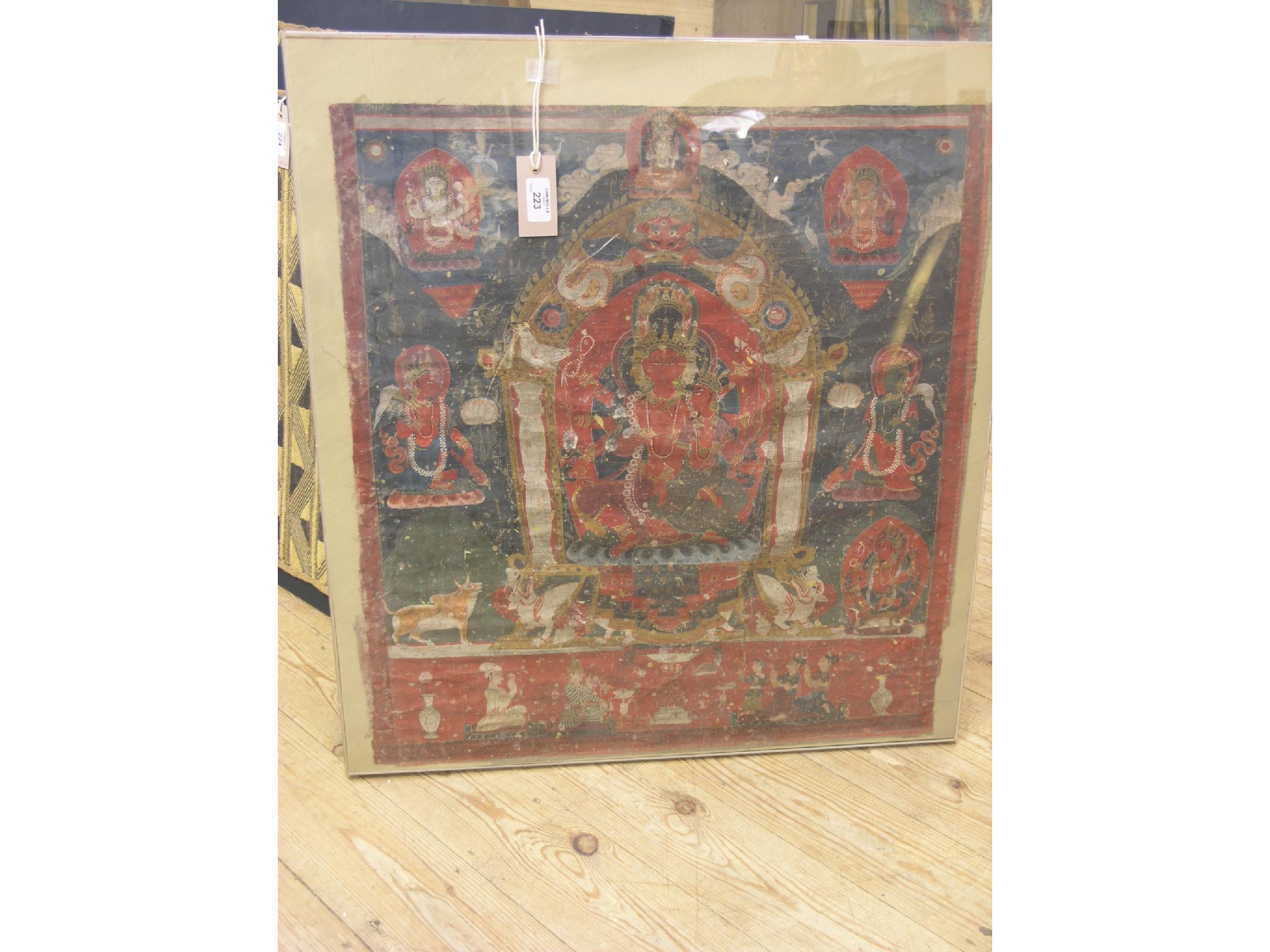 Appraisal: A large Indian textile painting Hindu figures and animals script