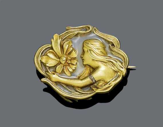 Appraisal: GOLD ENAMEL BROOCH ca Yellow gold Enchanting Art Nouveau brooch