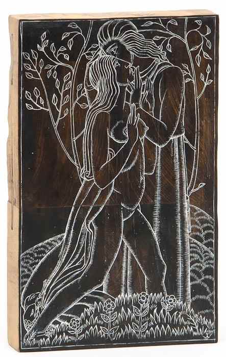 Appraisal: James Woodford - Lovers original woodblock heightened with white x