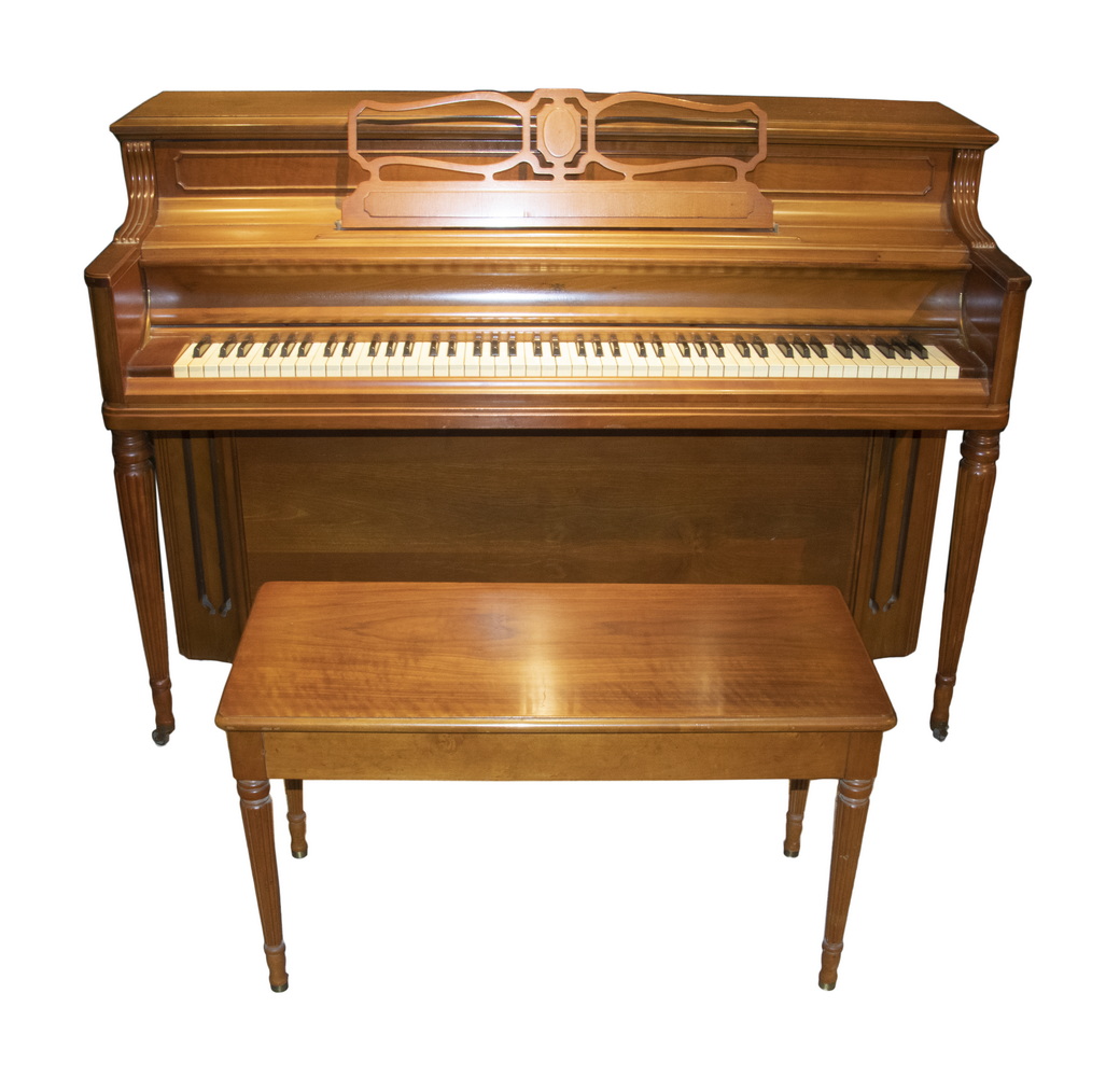 Appraisal: WURLITZER SPINET PIANO WITH MATCHING BENCH Pecan Sheraton Style Case