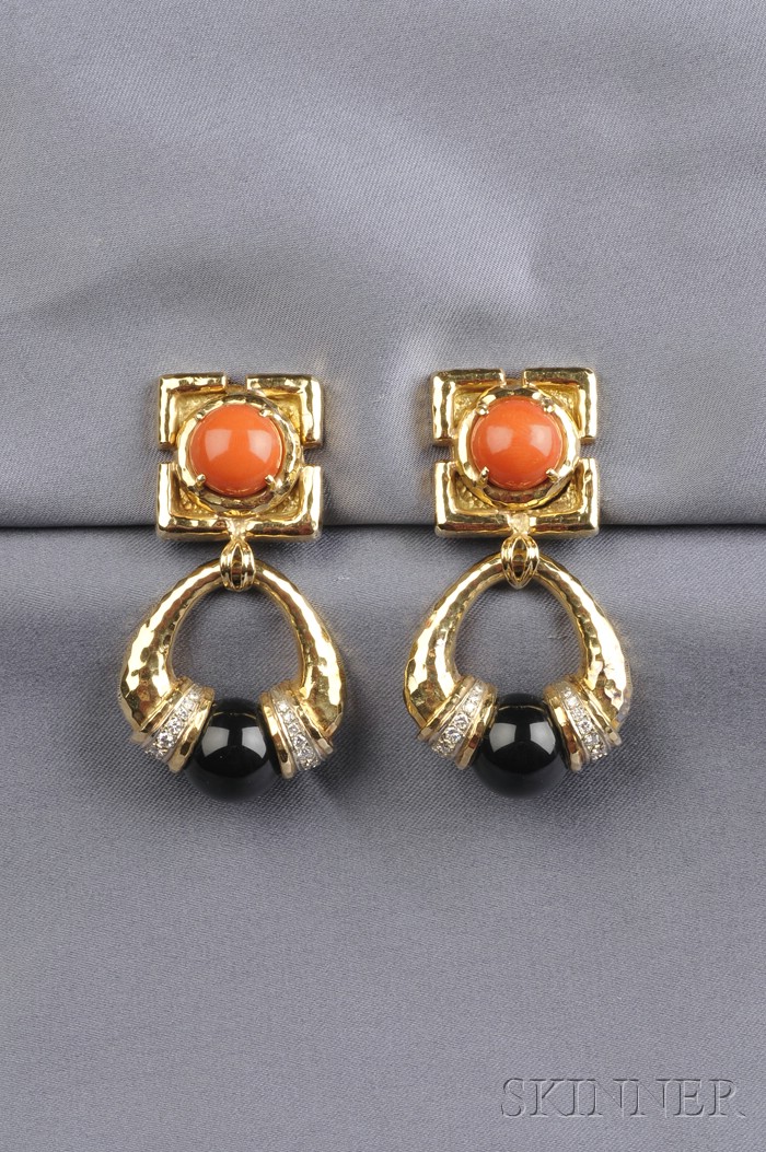 Appraisal: kt Gold Coral Onyx and Diamond Earpendants each designed as