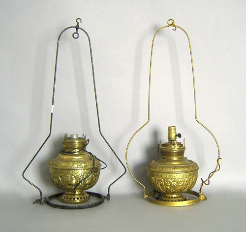 Appraisal: Two embossed brass hanging lanterns one by Miller