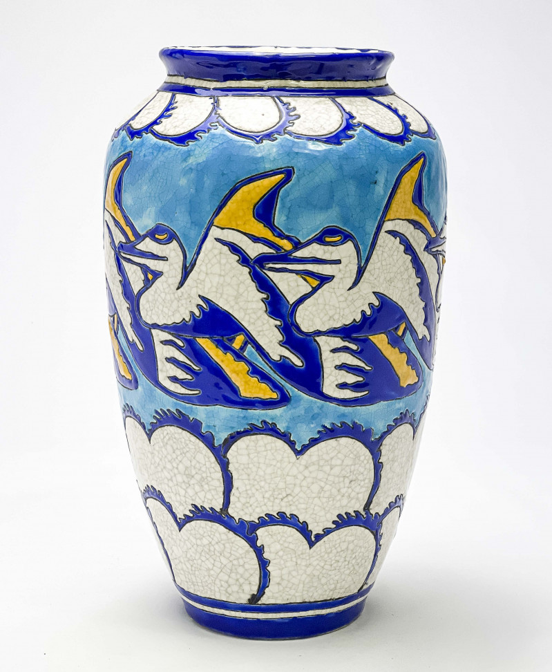 Appraisal: Boch Fr res KeramisBelgian est Tall Vase with Pelican Motifglazed