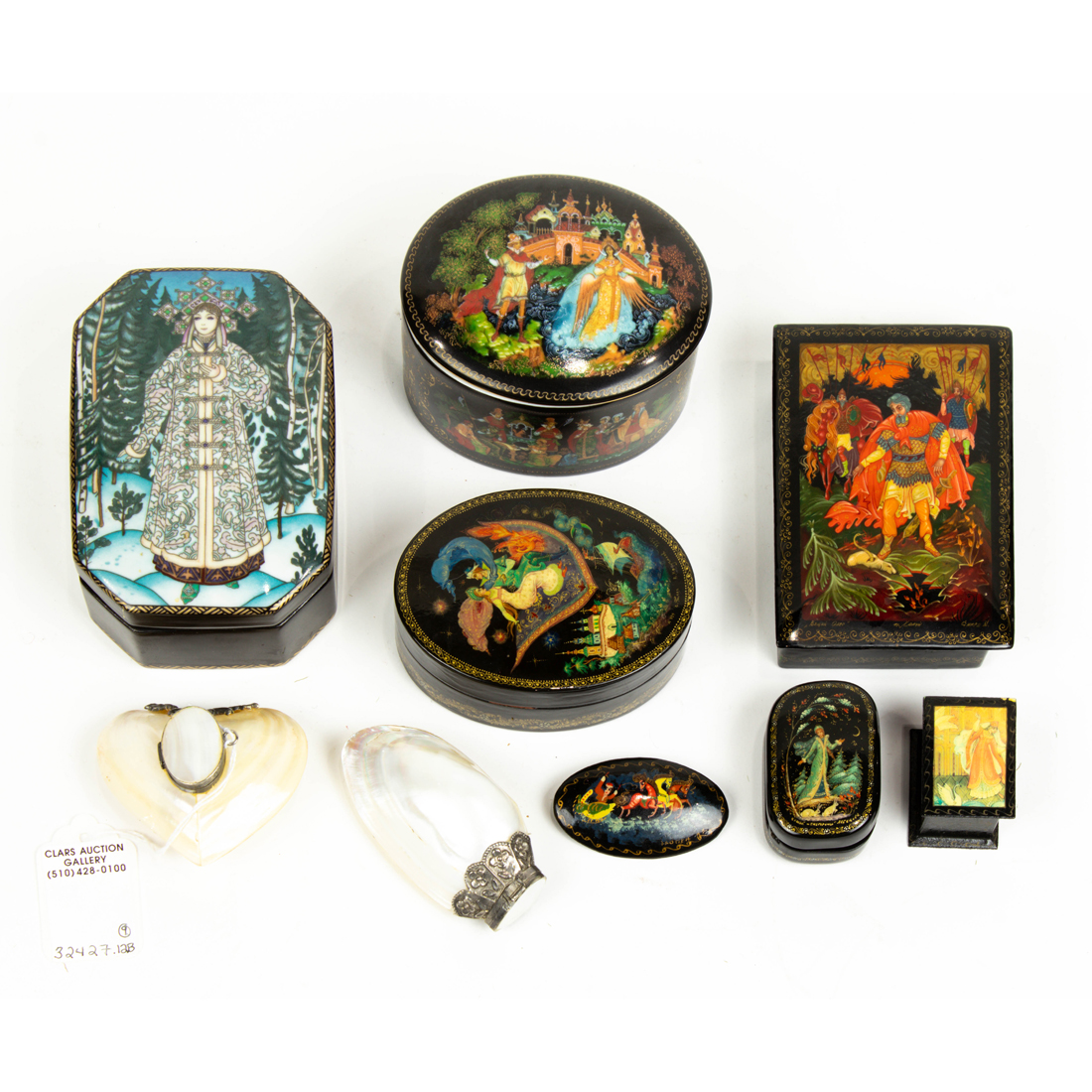 Appraisal: LOT OF RUSSIAN LACQUER AND PORCELAIN BOXES AND PIN Lot