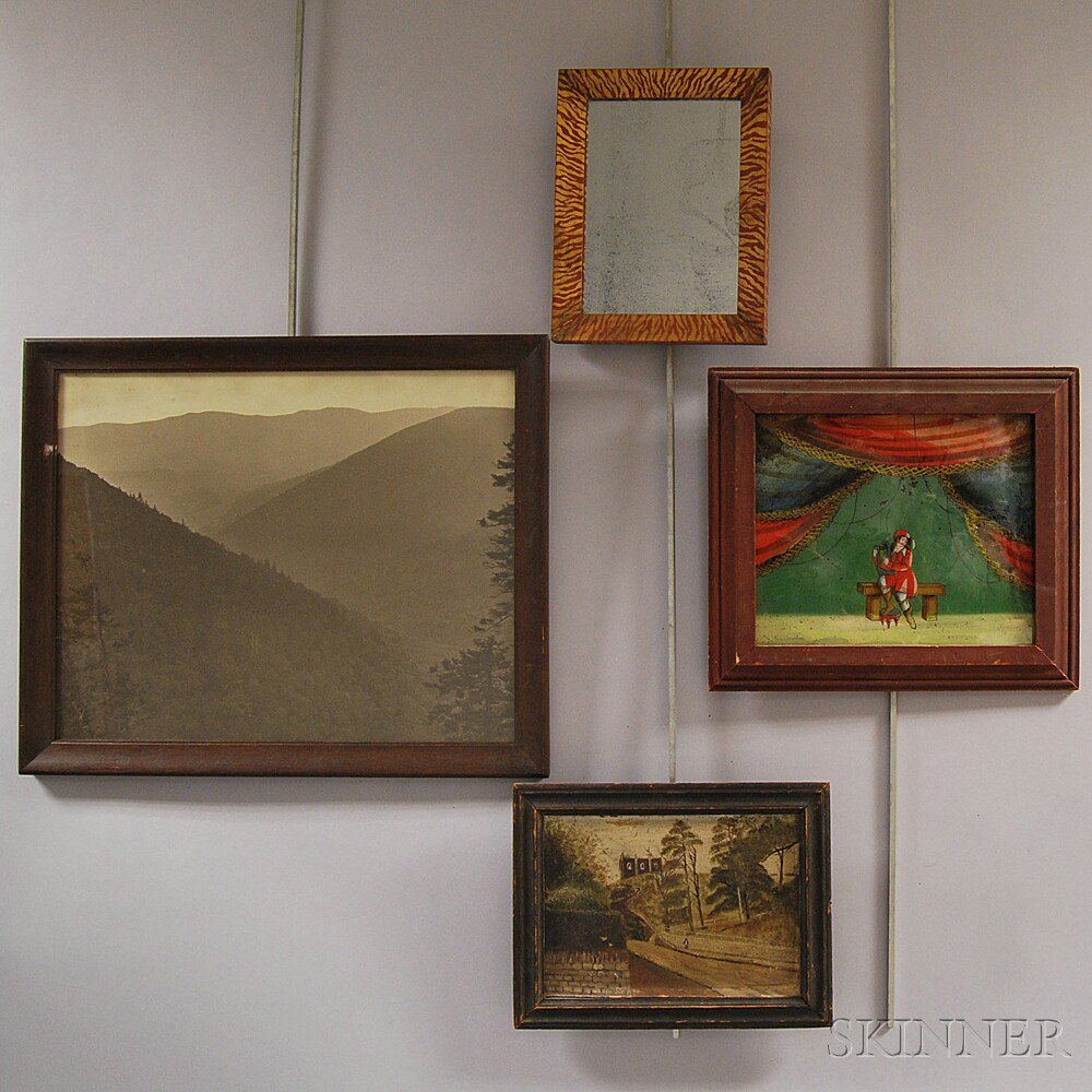 Appraisal: Four Framed Items a small parcel-gilt mirror a primitive oil