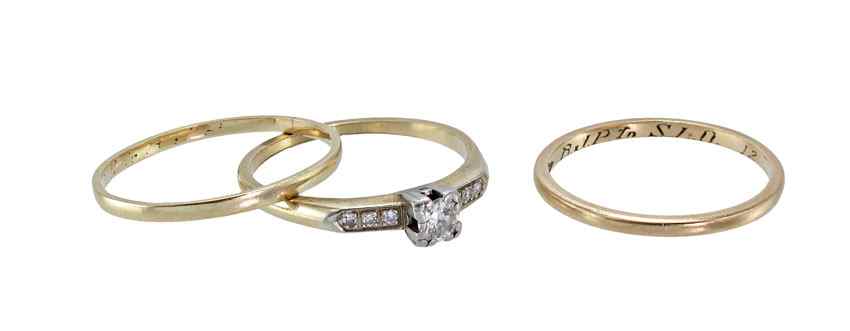 Appraisal: K GOLD DIAMOND ENGAGEMENT RING AND WEDDING BANDS K yellow