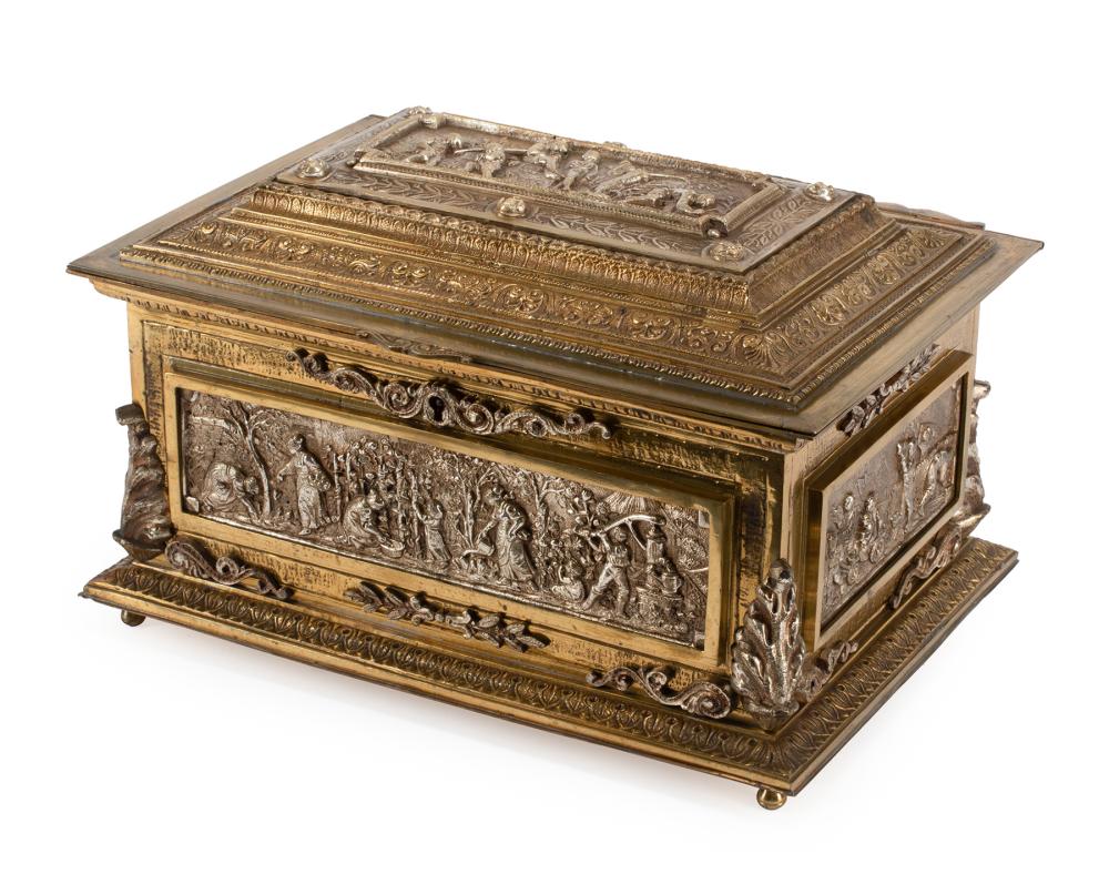 Appraisal: French Dore and Argente Casket th c with figural plaques