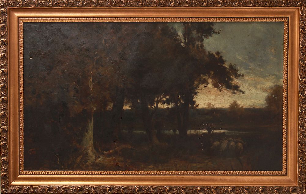 Appraisal: Continental Landscape with Trees and Sheep Oil Continental landscape with