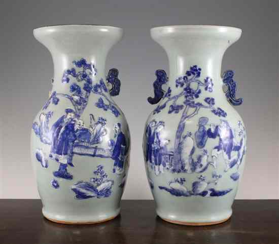 Appraisal: A pair of Chinese celadon and underglaze blue baluster vases