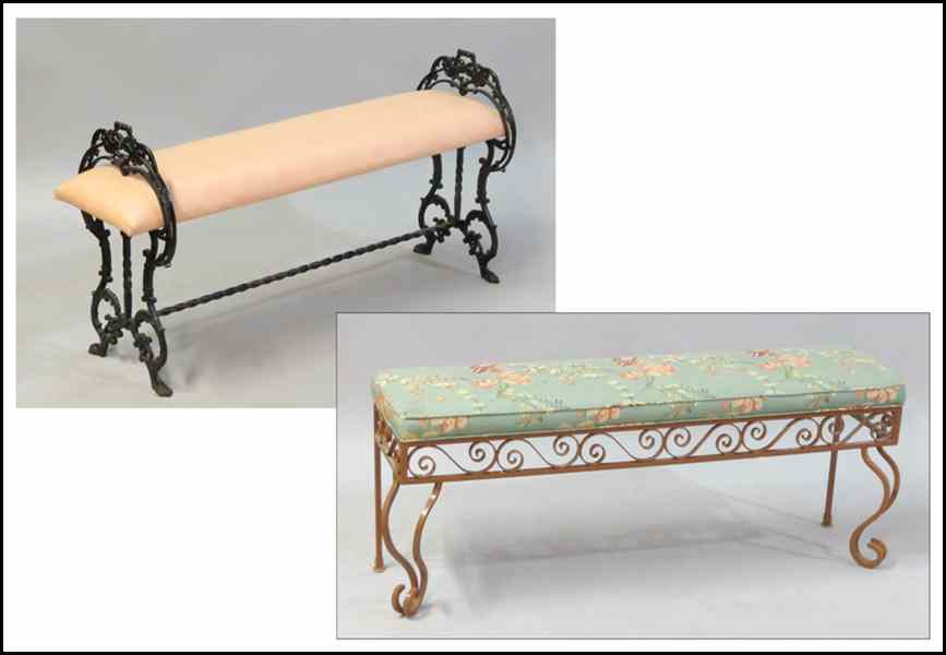 Appraisal: PAINTED IRON BENCH Together with a scrolled metal bench Iron