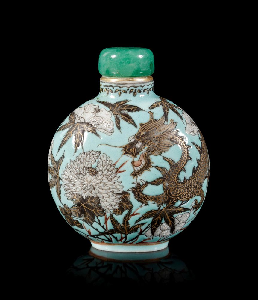 Appraisal: A Rare Turquoise Ground Gilt Decorated Grisaille Enameled Porcelain Snuff