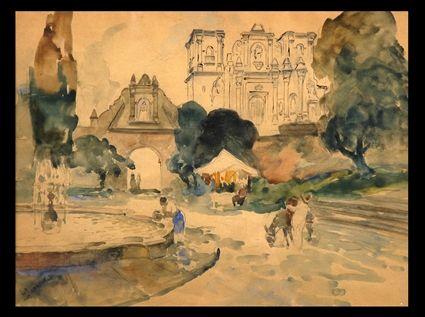 Appraisal: GEORGE OVERBURY HART - MEXICAN PLAZA Watercolor and ink on