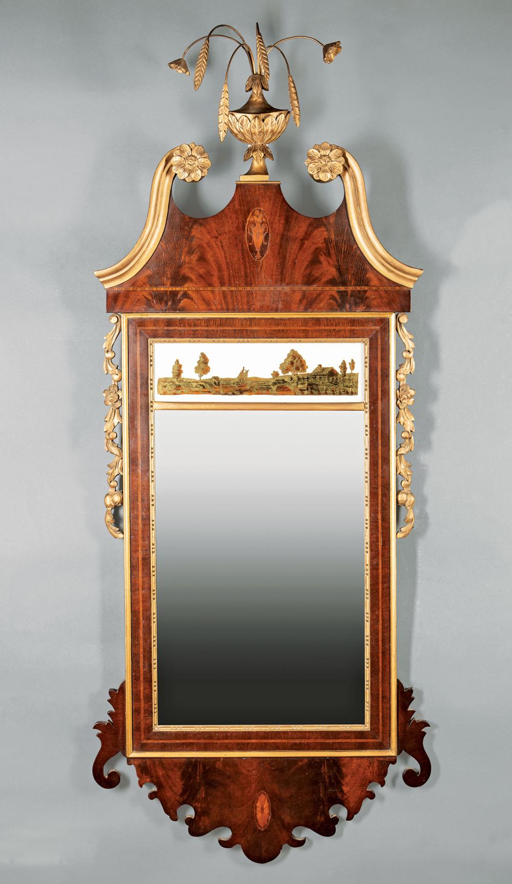 Appraisal: Chippendale-Style Inlaid and Gilded Mahogany Mirror floral crest glomis panel