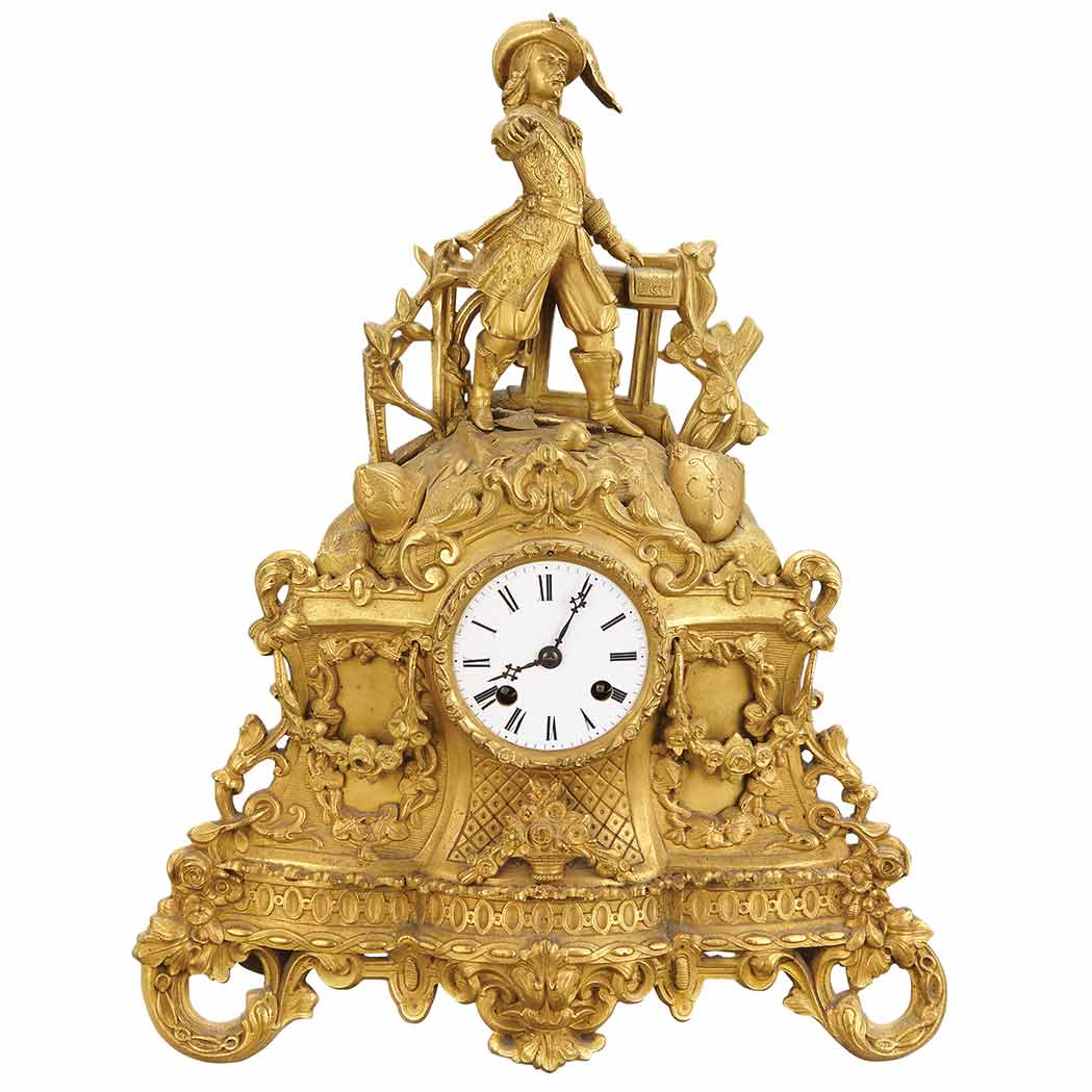 Appraisal: French Gilt-Bronze Figural Mantel Clock th Century The circular white