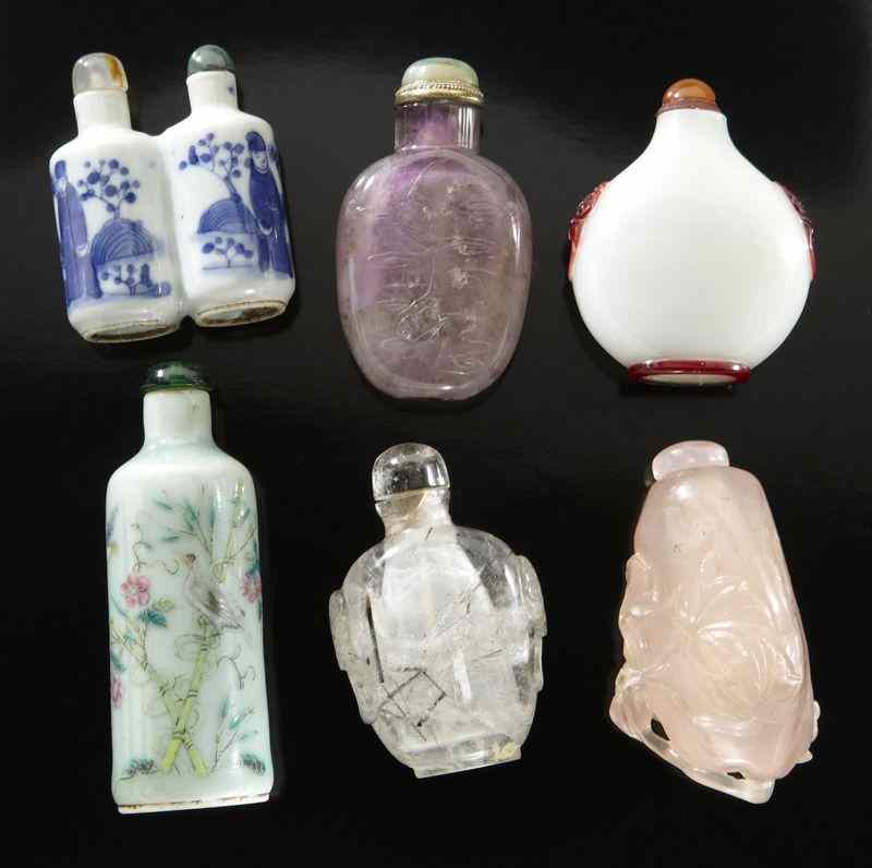 Appraisal: Glass porcelain and hard stone snuff bottles Tallest ''H Circa