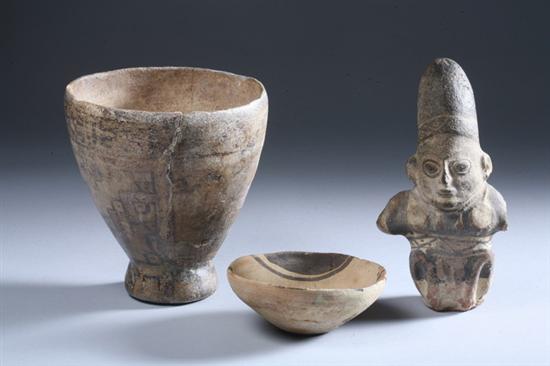 Appraisal: THREE PIECES CHANCAY POTTERY - A D Two vessels and