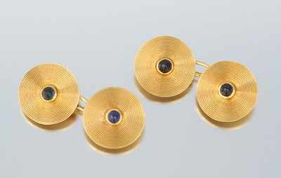 Appraisal: A Pair of Gold and Sapphire Cufflinks k yellow gold