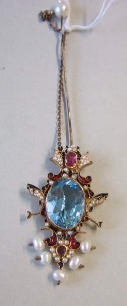 Appraisal: A pale blue gem set pearl and enameled jabot pin