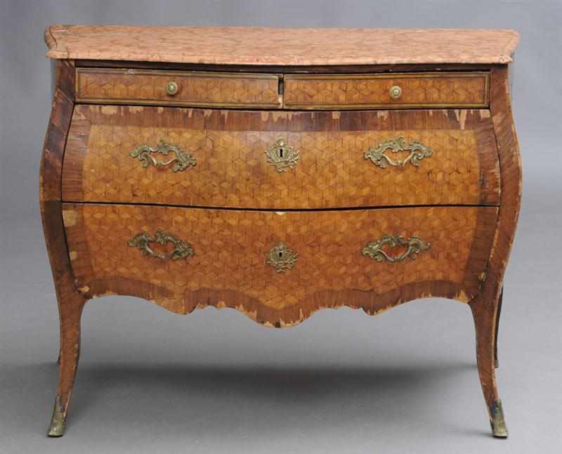 Appraisal: ITALIAN ROCOCO TULIPWOOD AND AMARANTH PARQUETRY COMMODE With a rosso