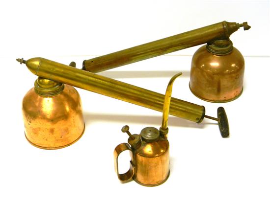 Appraisal: Two brass and copper ''Blizzard'' sprayers and one pump oil