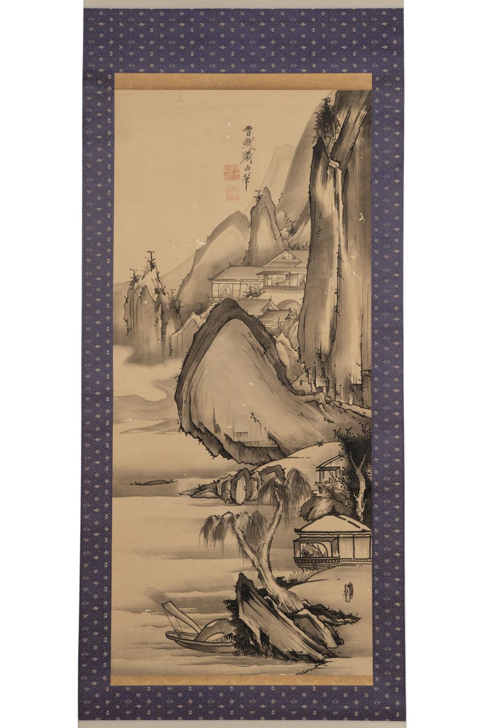 Appraisal: ATTRIBUTED TO SHOHAKU SOGA LANDSCAPE SCROLLwith collector's storage box scroll