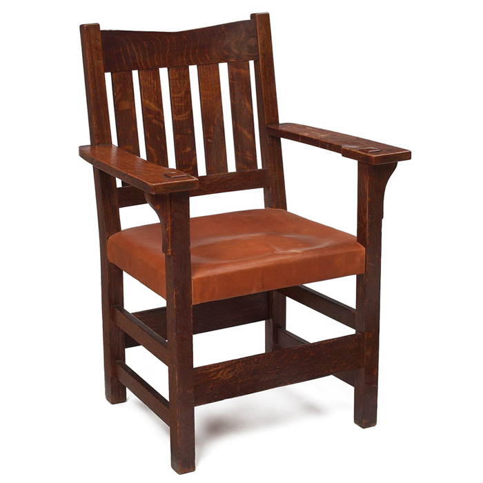 Appraisal: Gustav Stickley armchair A V back form with five vertical