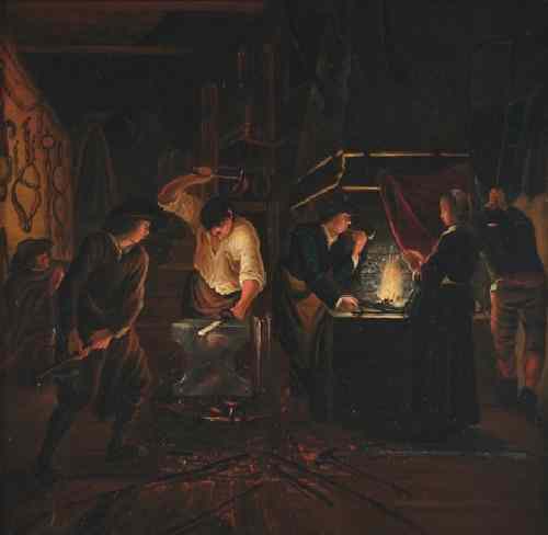 Appraisal: French School th century Blacksmiths at Work oil on board