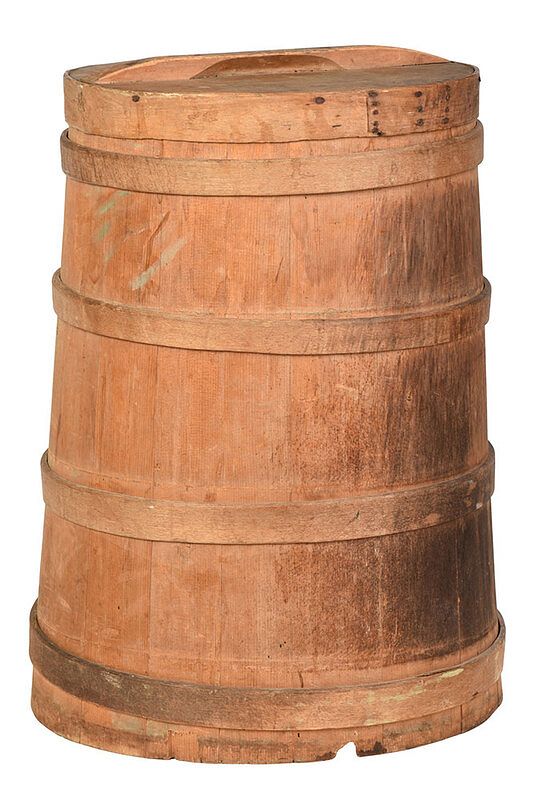 Appraisal: Early Staved Lidded Wooden Barrel American late th century tapered