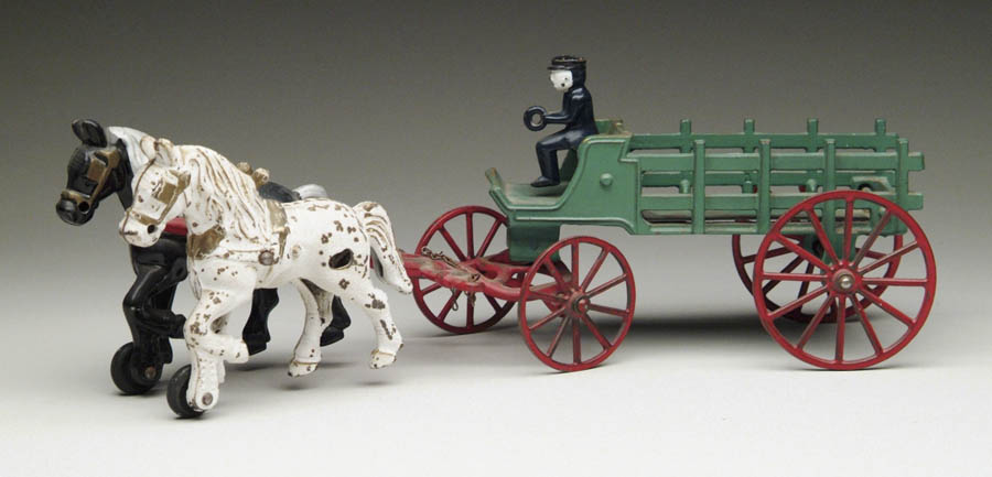 Appraisal: KENTON TWO-HORSE DRAY Green stake bodied wagon with red wheels