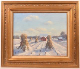 Appraisal: John E Berninger Oil on Board Farm Scene John E