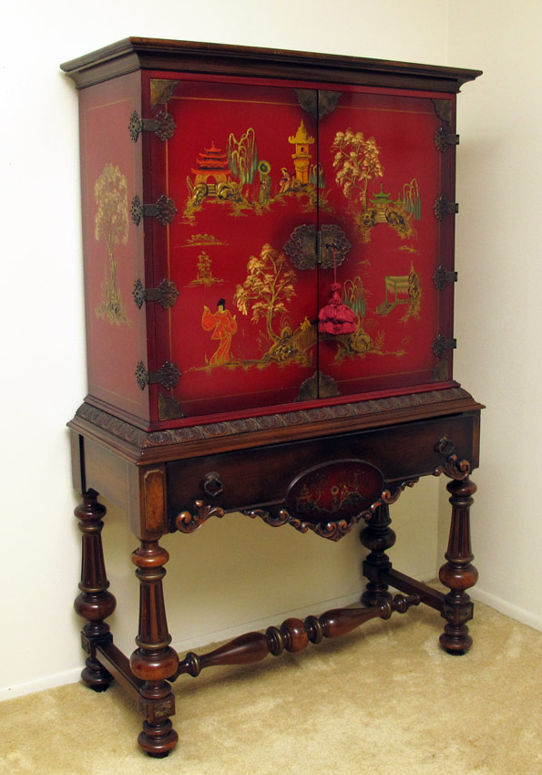 Appraisal: CHINOISERIE PAINTED CABINET Top with red lacquer ground chinoiserie decorations