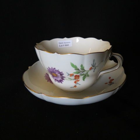 Appraisal: Meissen Porcelain Large Cup Saucer handpainted floral crossed swords mark