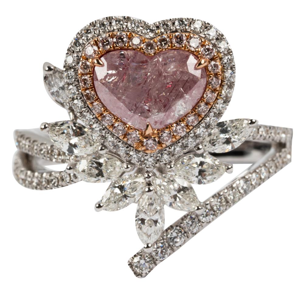 Appraisal: KARAT WHITE GOLD DIAMOND PINK DIAMOND RINGcentering one heart modified