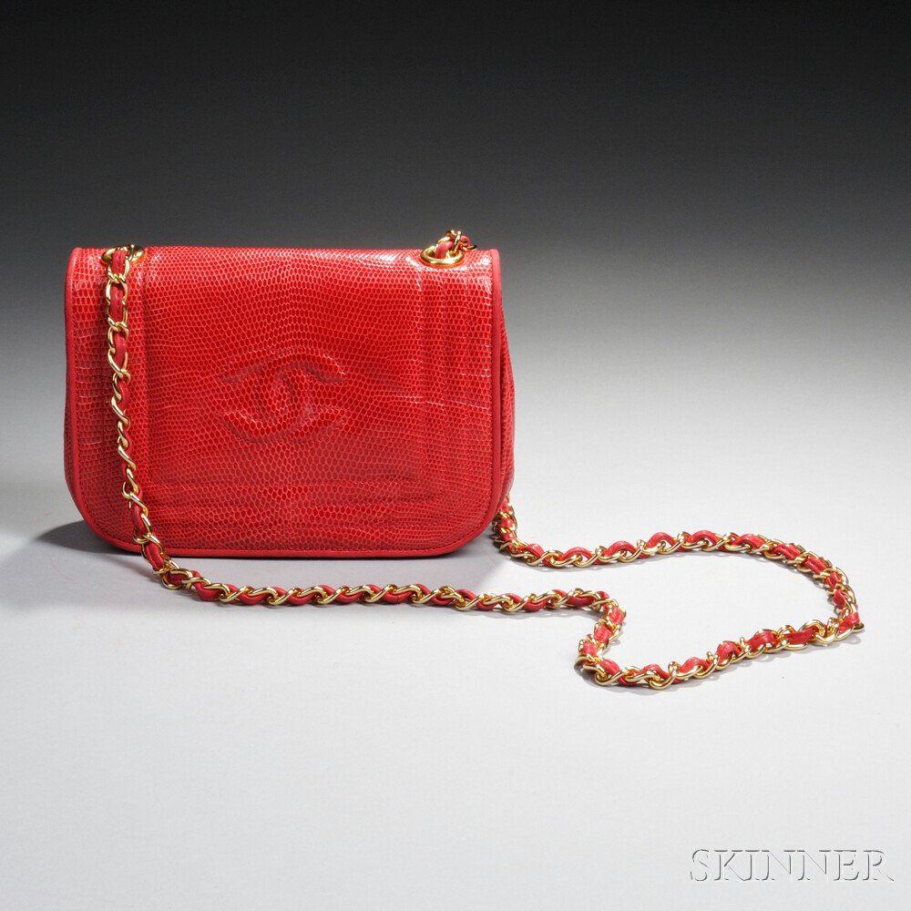 Appraisal: Chanel Red Leather Snake Skin-pattern Shoulder Bag with stitched interlocking