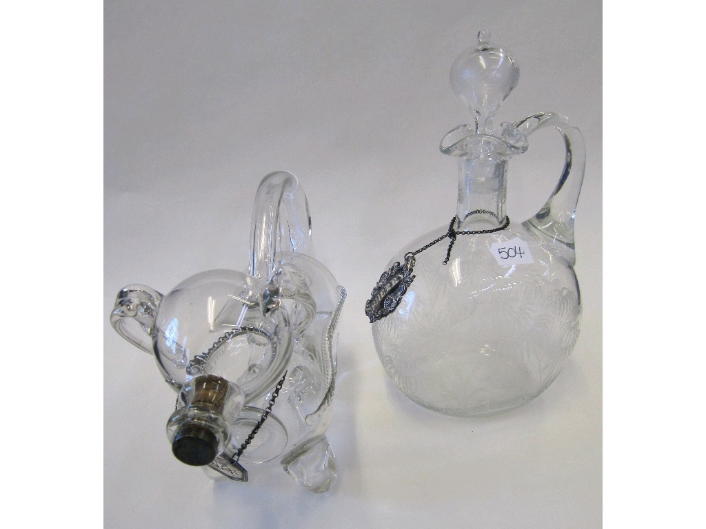 Appraisal: Glass gin dog decanter and another decanter decorated with birds