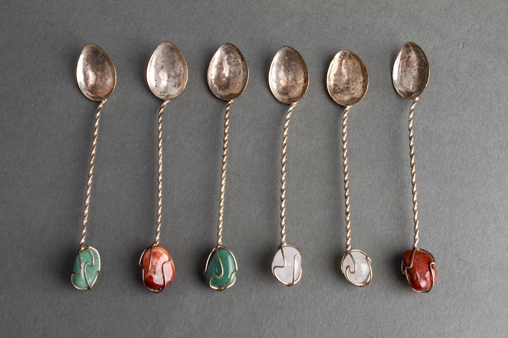 Appraisal: Silver-Plate Demitasse Spoons w Hardstone Quartz Set of silver-plate demitasse