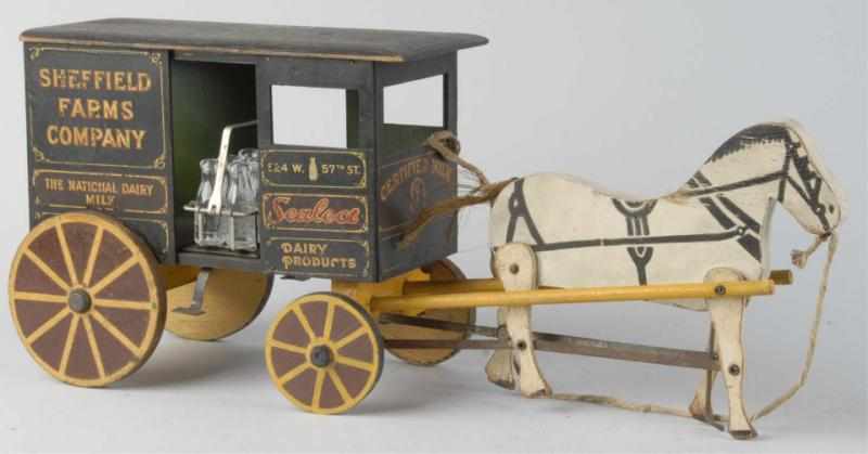 Appraisal: Sheffield Farms Co Horse-Drawn Milk Wagon Toy Description Wooden Marked