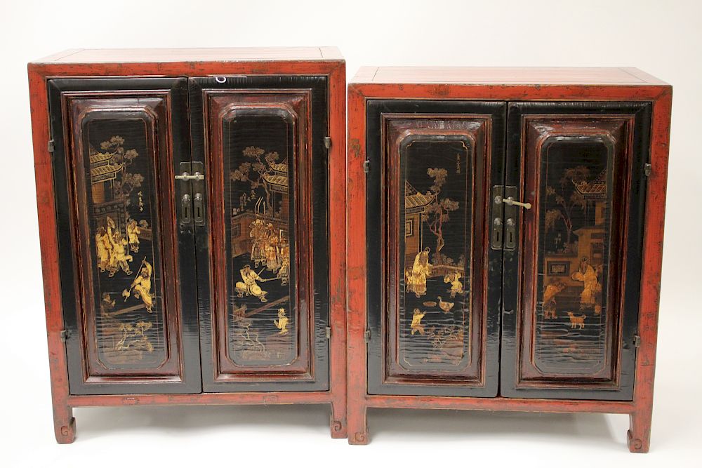 Appraisal: Matched Pair of Chinese Lacquer Cabinets Scarlet and black with