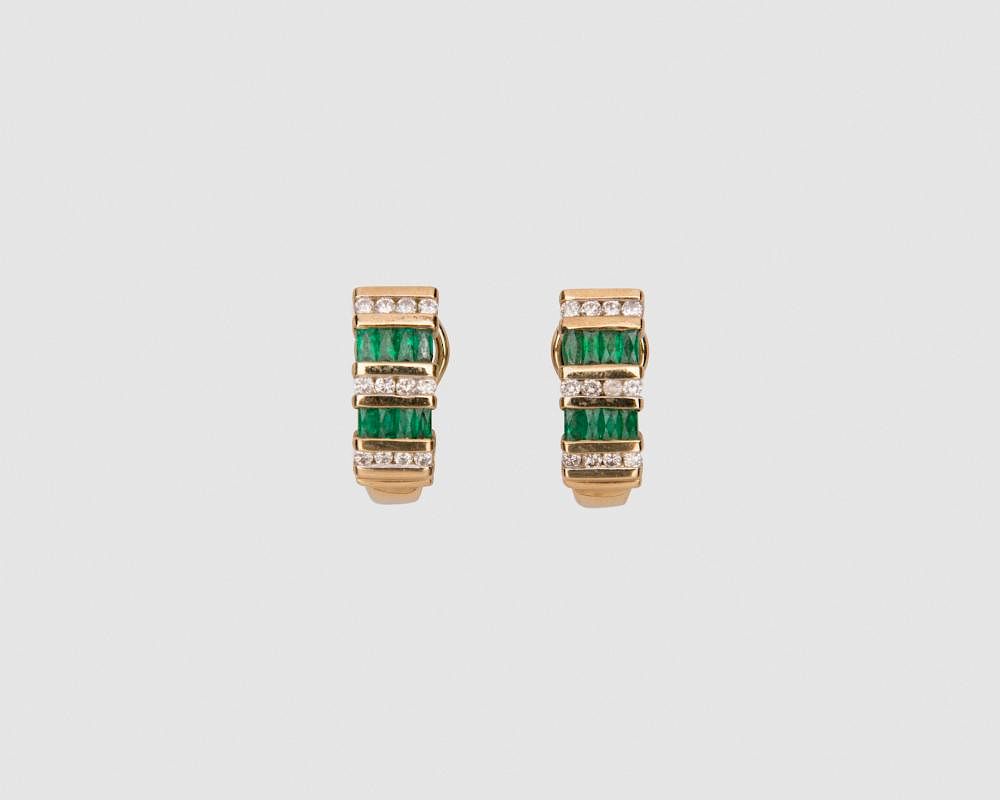 Appraisal: K Yellow Gold Emerald and Diamond Earrings K Yellow Gold