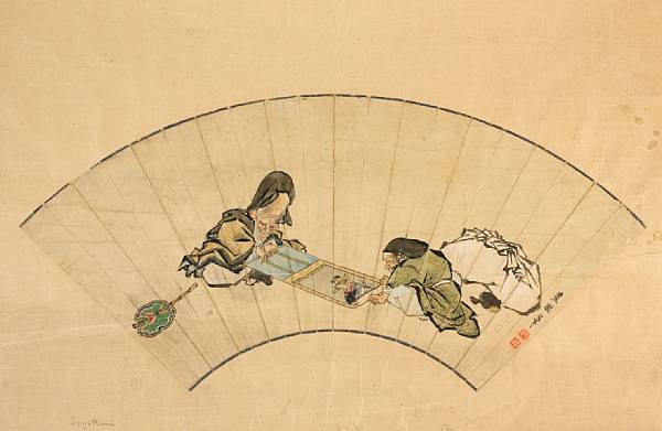 Appraisal: Attributed to Utagawa Toyokuni - Hotei and Fukurokuju Fan painting